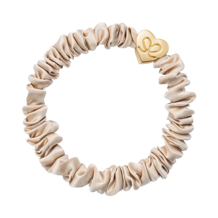 ByEloise Gold Heart Silk Scrunchie Skinny Sand