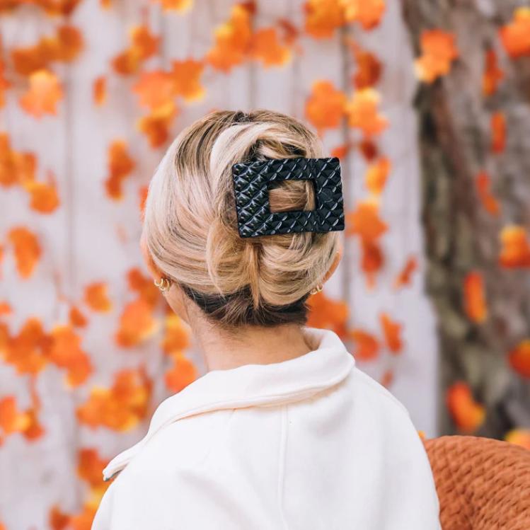 Teleties Large Flat Rectangle Hair Clip Jet Black Quilted
